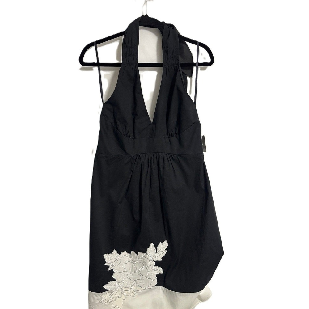 R&K Originals Halter Dress 10 Black White Floral Embroidered V-Neck Chic Retro - Picture 4 of 13